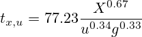t_{x,u}=77.23\frac{X^{0.67}}{u^{0.34}g^{0.33}}