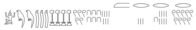 Дробное число, записанное древнеегипетскими иероглифами. Надпись читается как 1 234 567+1/2+1/3+1/18+1/900 (1 234 567.89 in decimal) .
